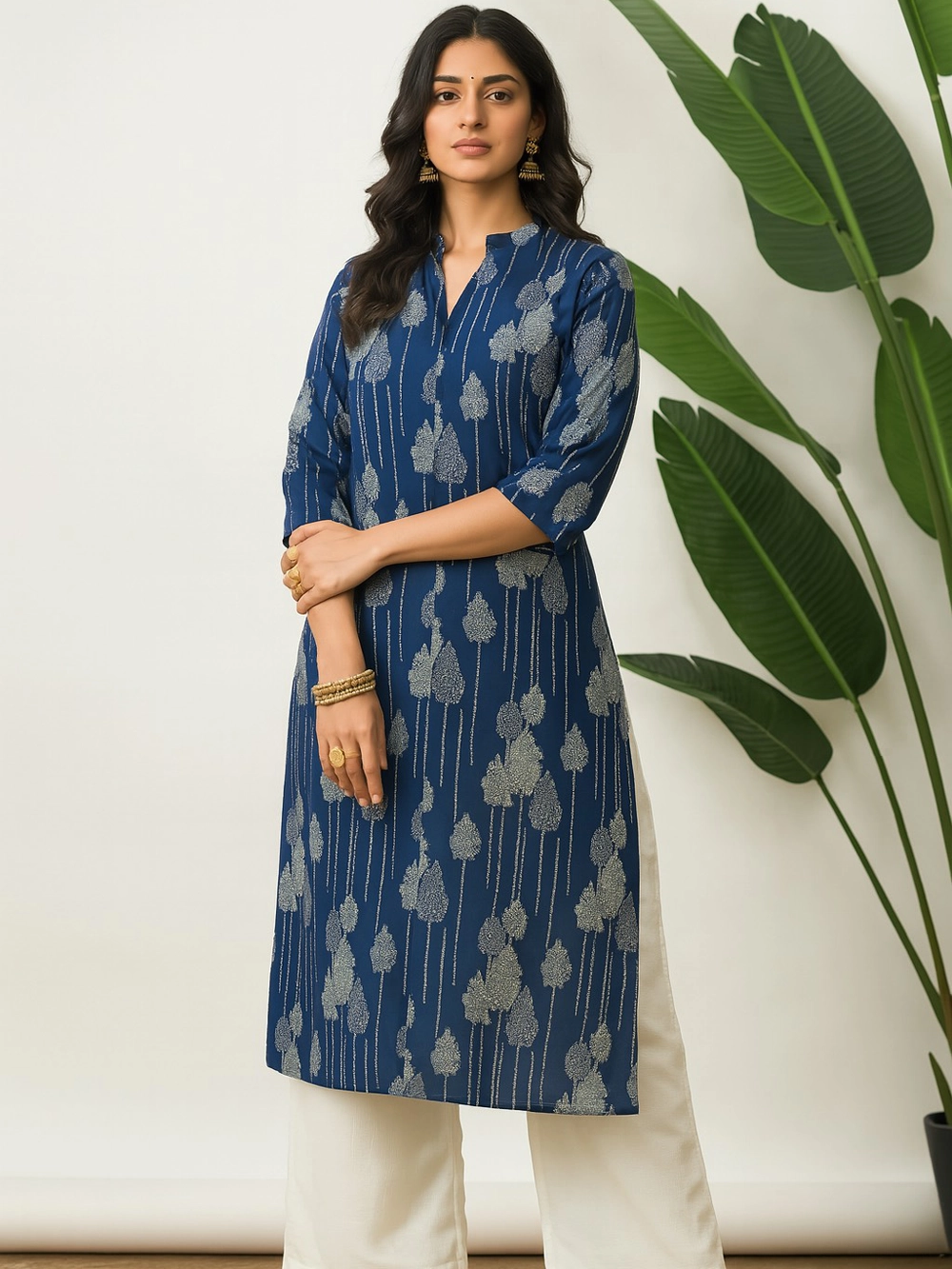 Royal Blue Printed Straight Kurthi with Silver Motifs