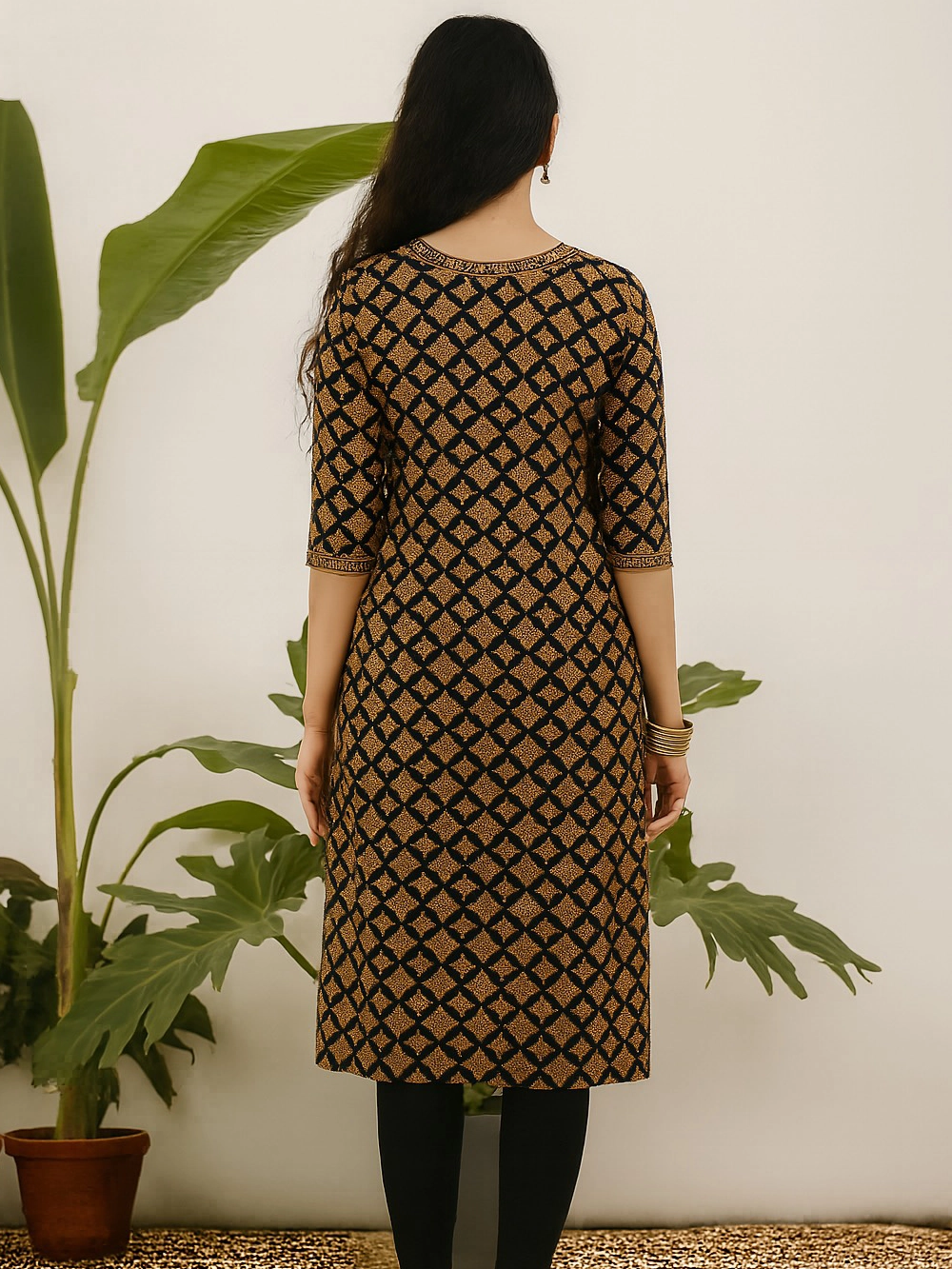 Black & Mustard Printed Straight Kurthi with Ornamental Yoke Detailing