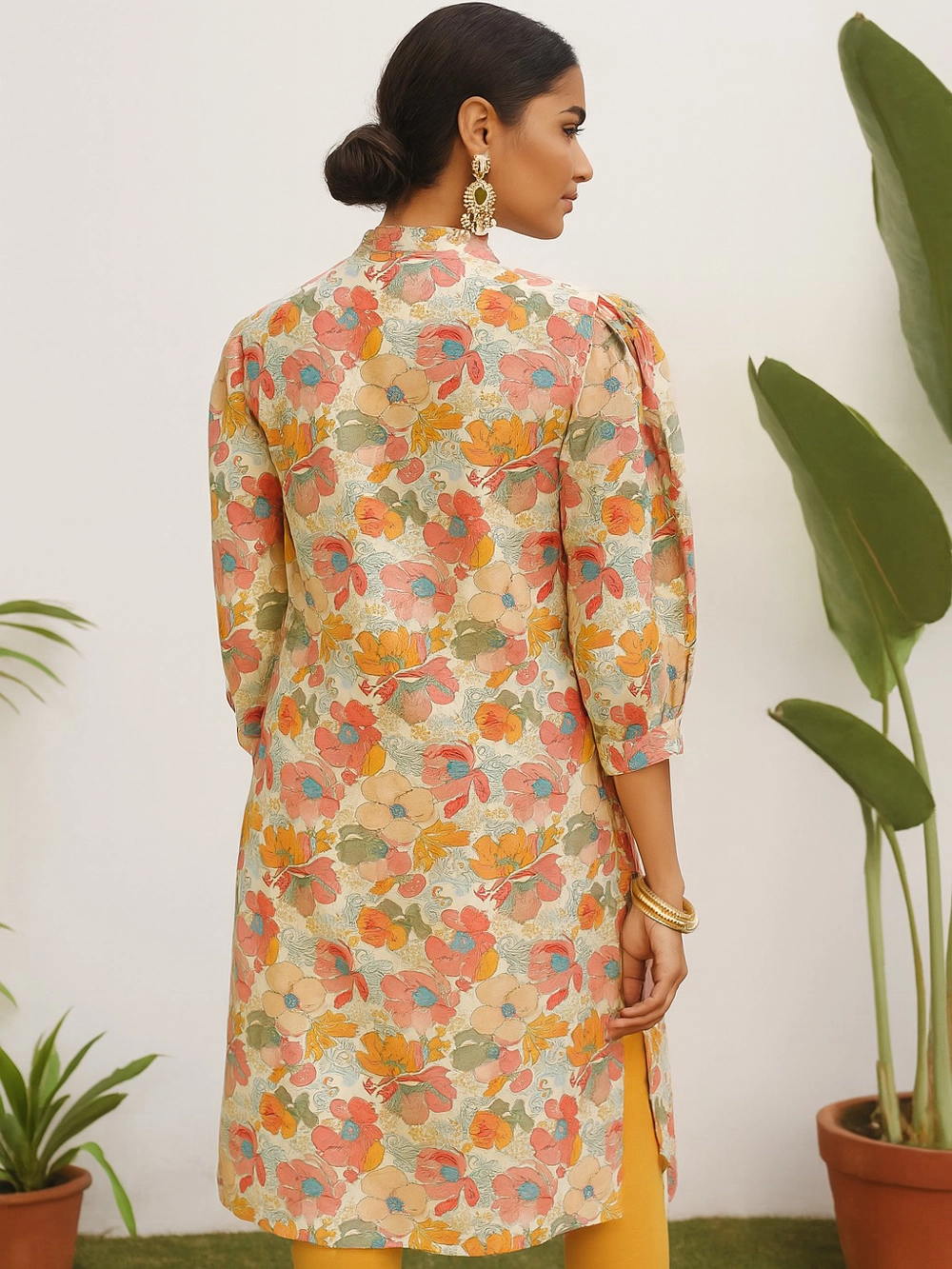 Ivory Floral A-Line Kurthi with Mandarin Collar