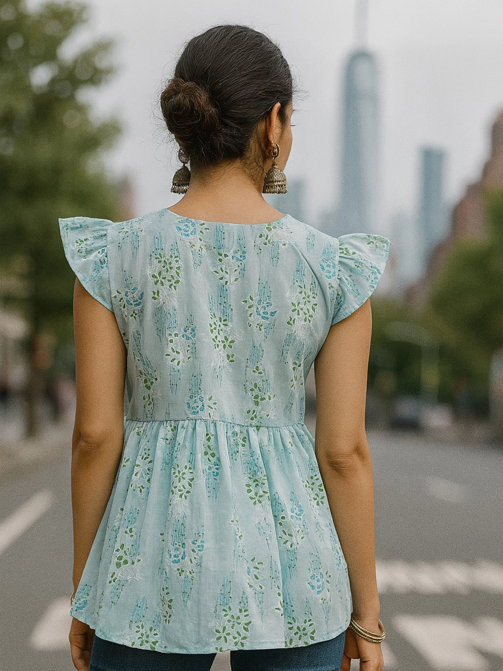 Light Blue Floral Flutter Sleeve Cotton Kurti Top