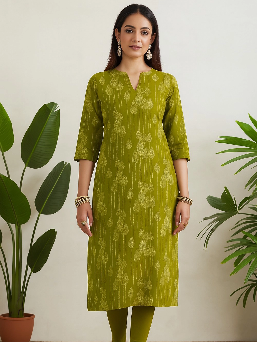 Olive Green Printed Straight Kurthi with Ethnic Gold Motifs