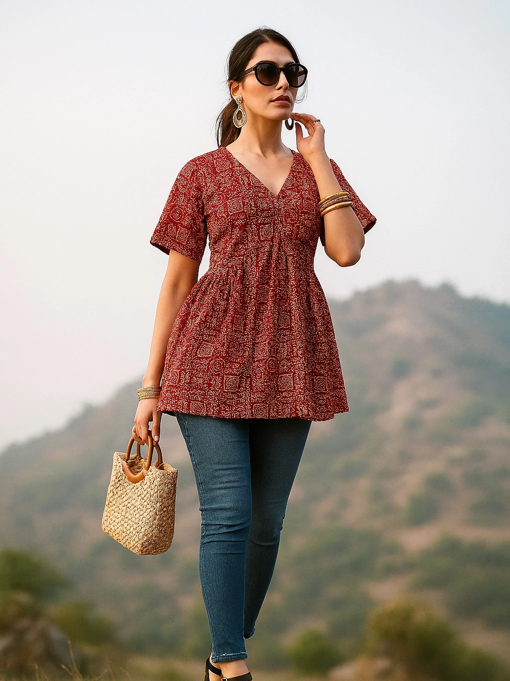 Maroon Block Print Peplum Cotton Kurti Top