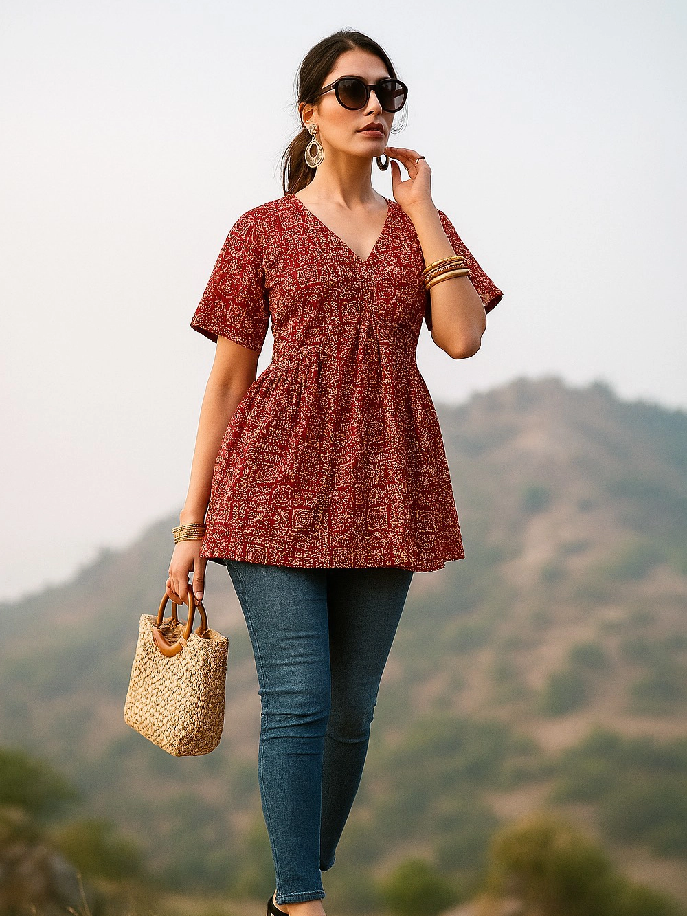 Rust Red Printed Cotton Peplum Kurti Top