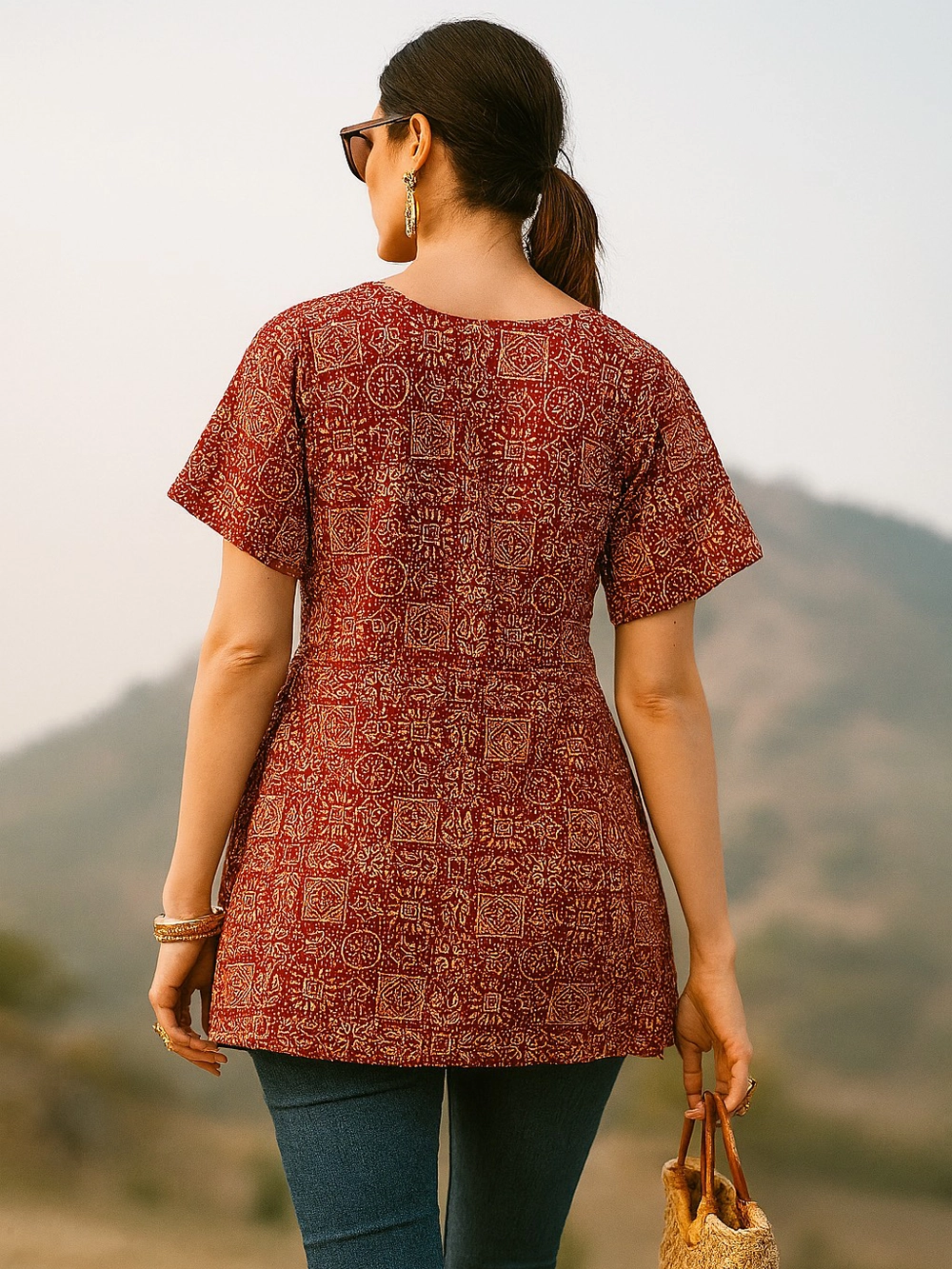 Maroon Block Print Peplum Cotton Kurti Top
