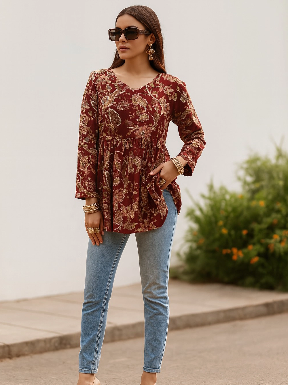 Wine Red Flared Short Kurthi Top with Floral Print