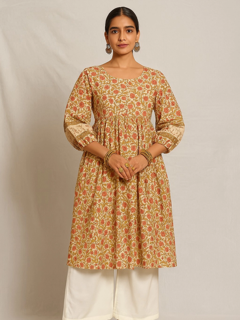 Elegant Floral Print Cotton Kurthi – Peach & Beige