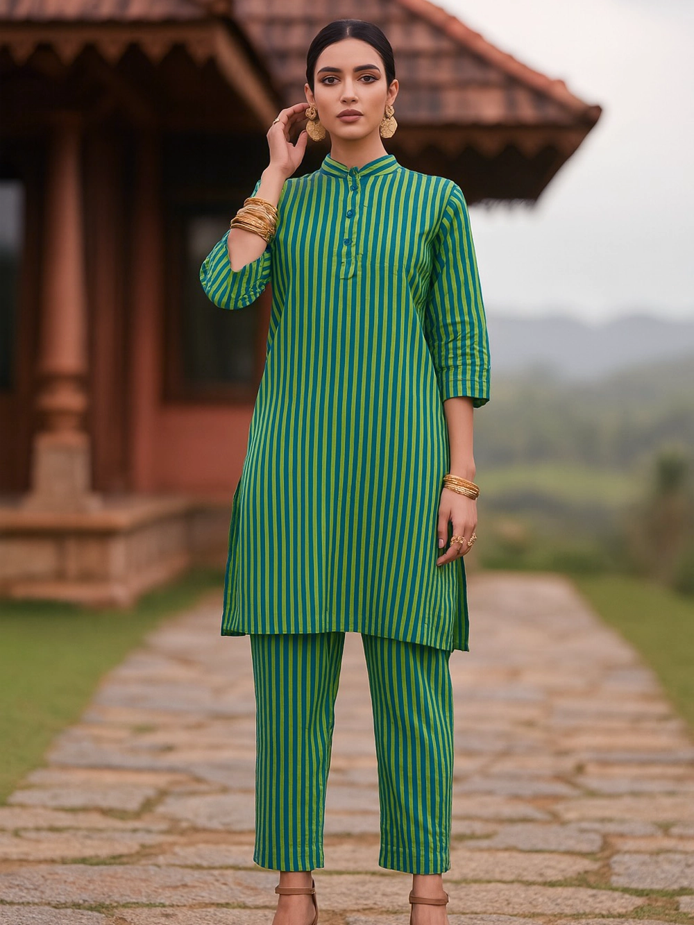 Green & Blue Striped Handloom Cotton Kurta Set