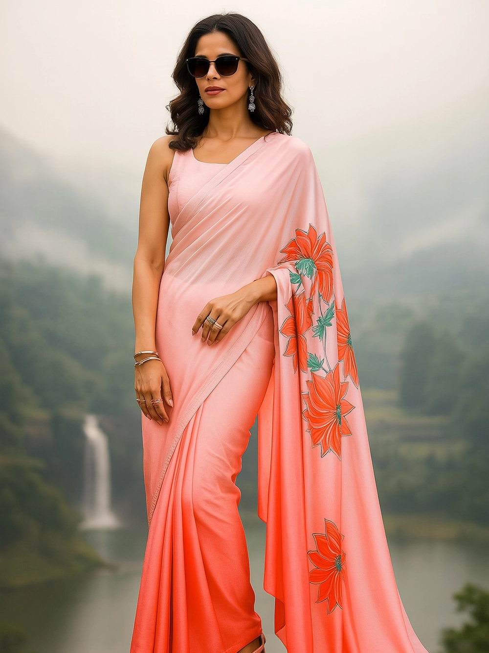 Peach Pink Ombre Saree with Bold Floral Pallu Design