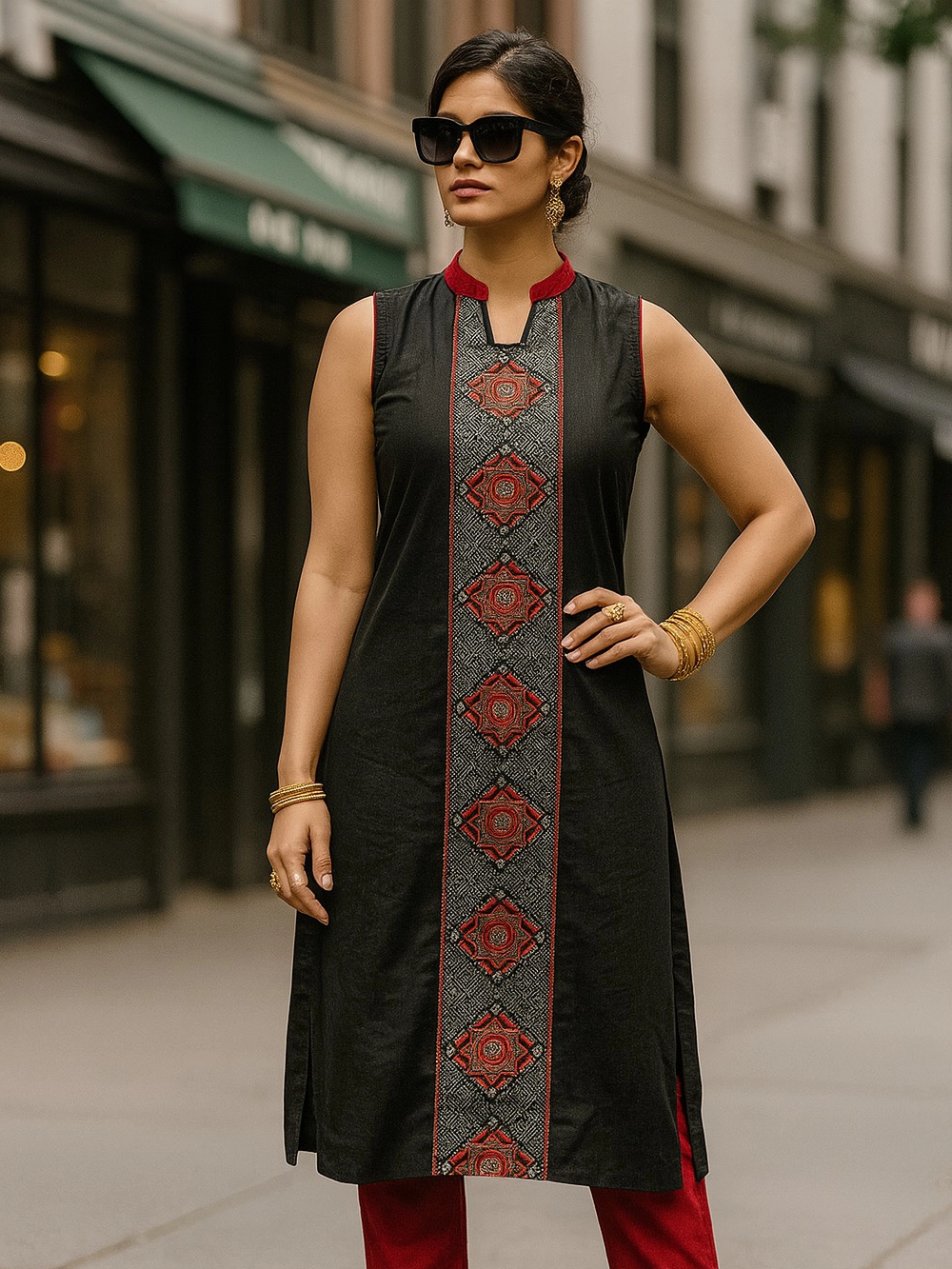 Black Sleeveless Cotton Kurti with Embroidered Front Panel