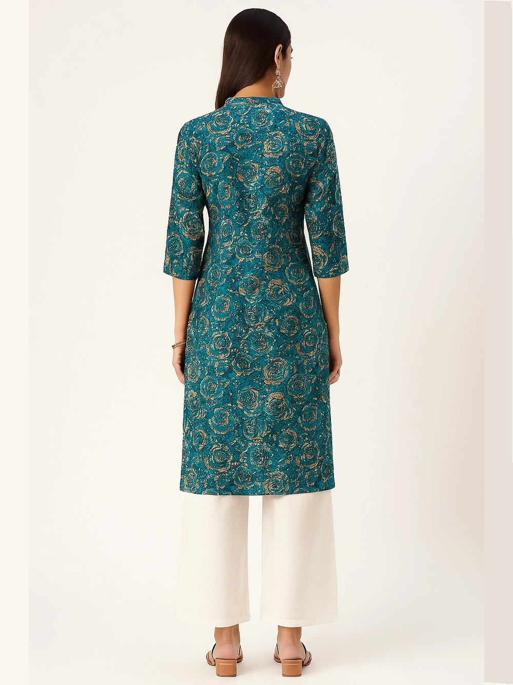 Teal Blue Floral Printed Straight Kurthi with Notched Neck