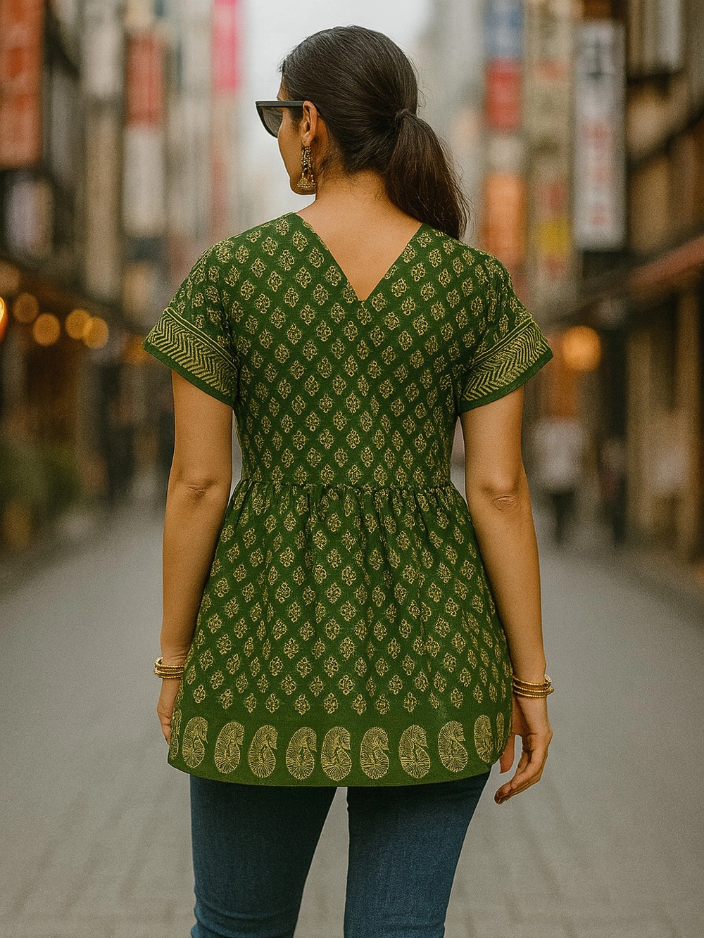 Green Ajrakh-Inspired Lace-Up Peplum Kurti Top