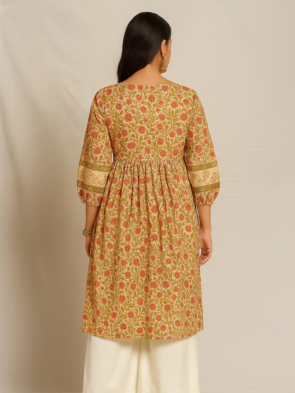 Elegant Floral Print Cotton Kurthi – Peach & Beige
