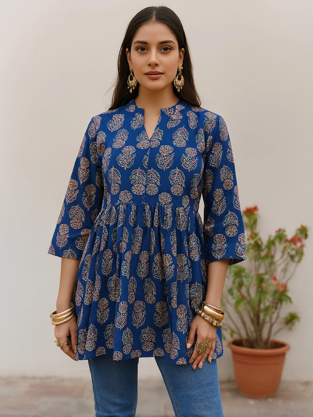 Indigo Blue Short Kurthi Top with Traditional Paisley Print