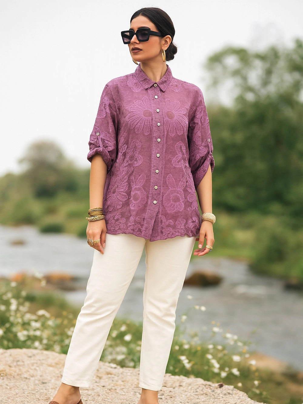 Lilac Floral Embroidered Button-Down Shirt – Subtle Elegance Redefined