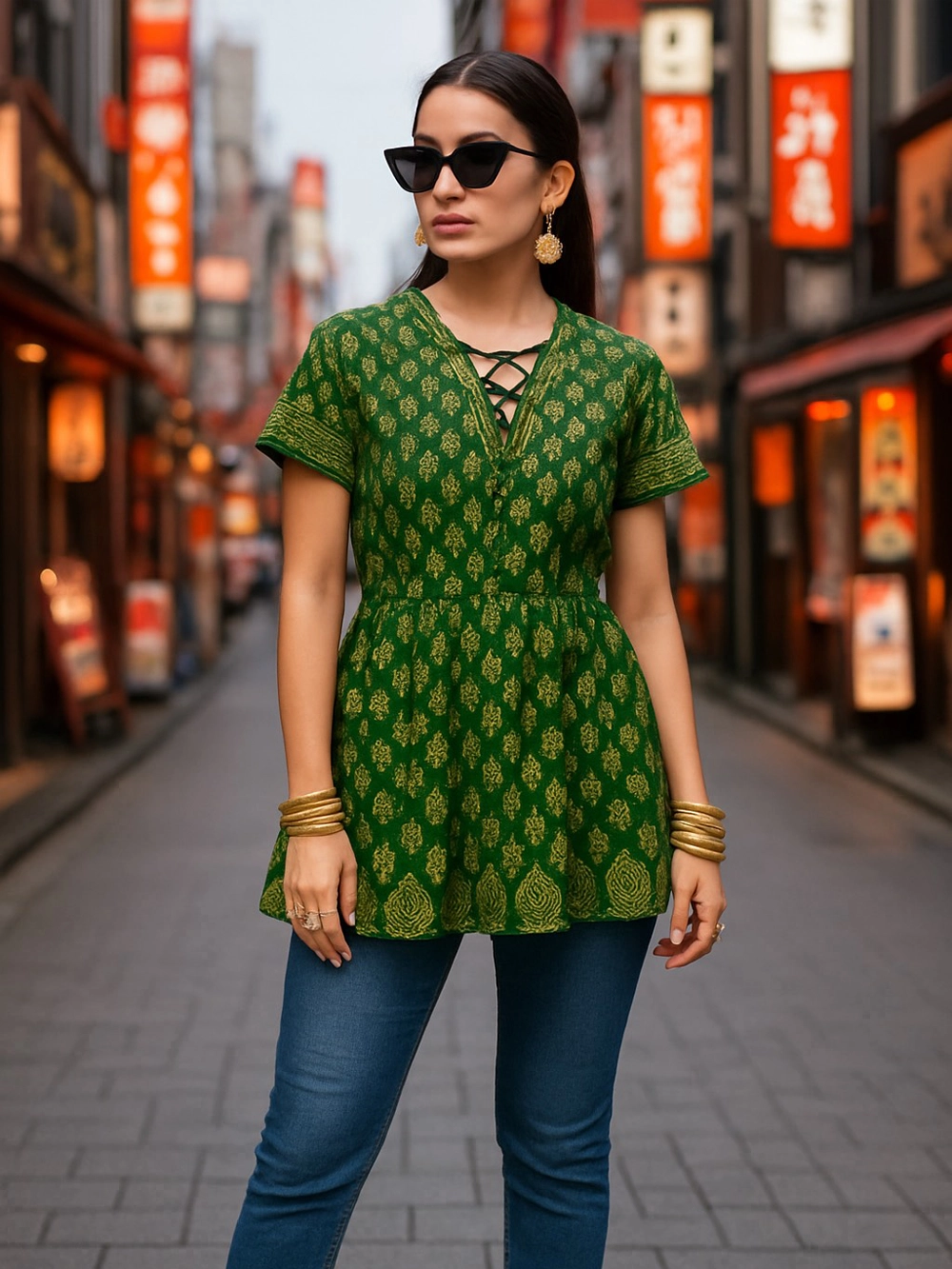 Green Ajrakh-Inspired Lace-Up Peplum Kurti Top