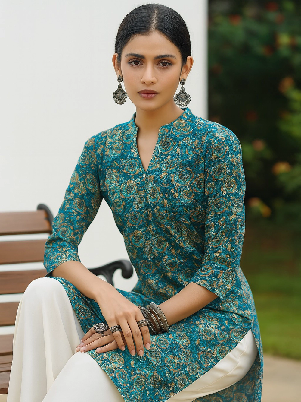Teal Blue Floral Printed Straight Kurthi with Notched Neck