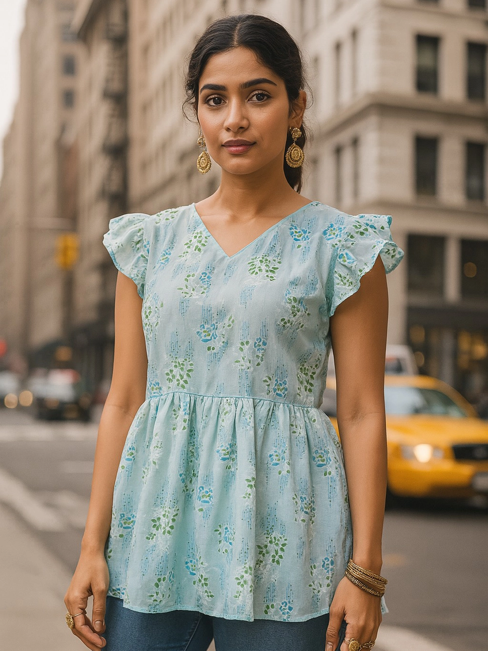Light Blue Floral Flutter Sleeve Cotton Kurti Top