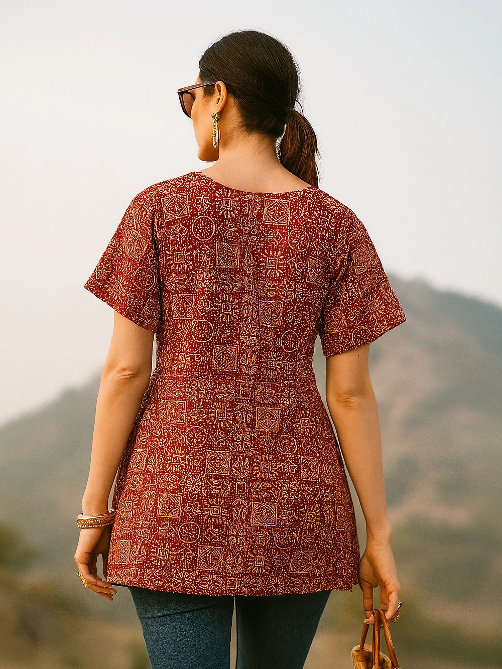 Rust Red Printed Cotton Peplum Kurti Top