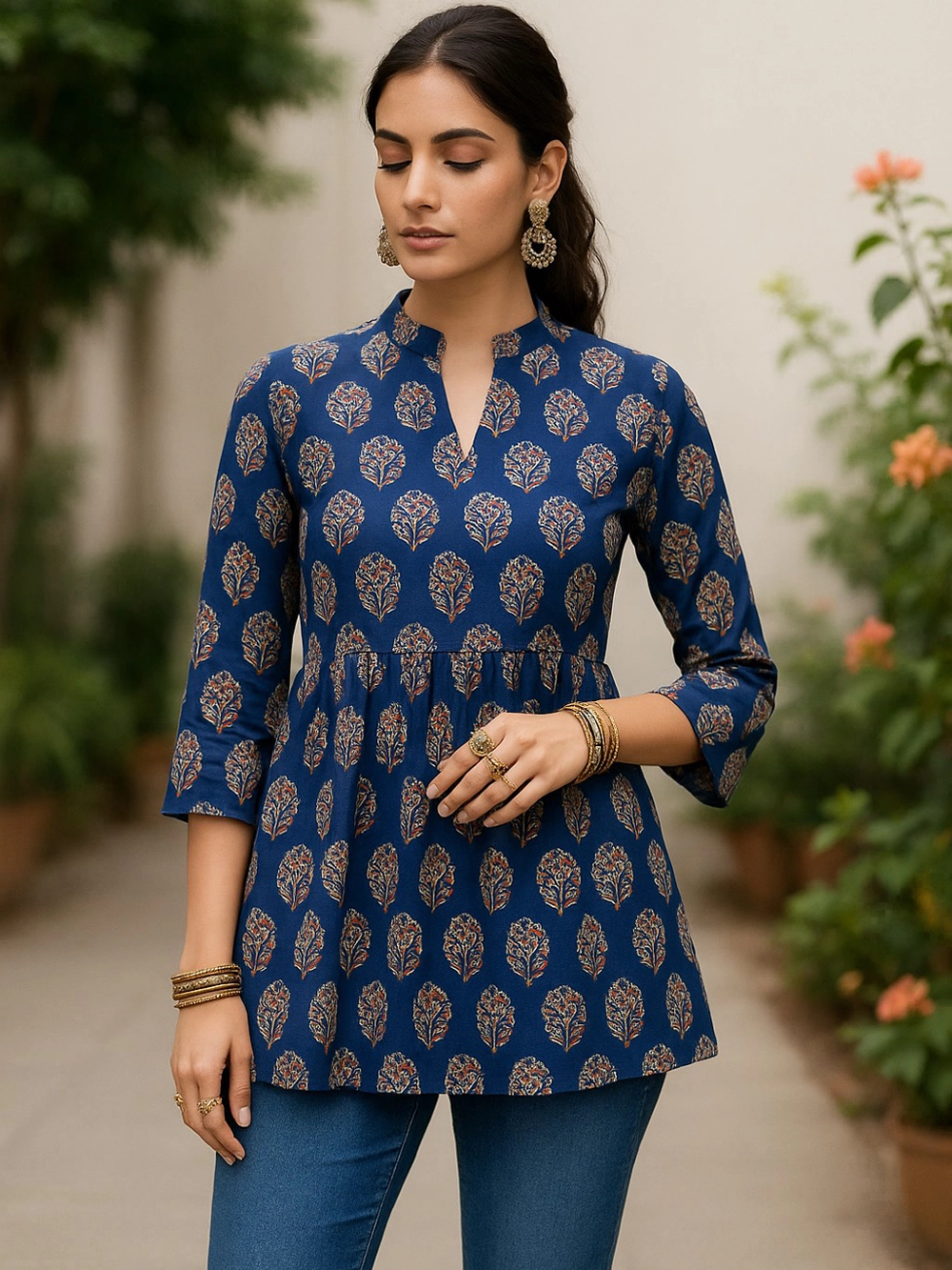 Indigo Blue Short Kurthi Top with Traditional Paisley Print
