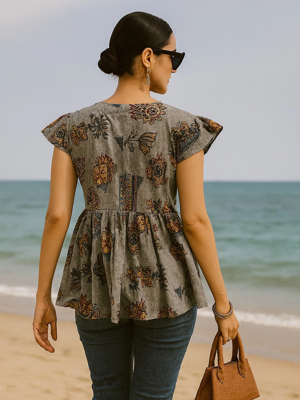 Grey Printed Peplum Cotton Kurti Top
