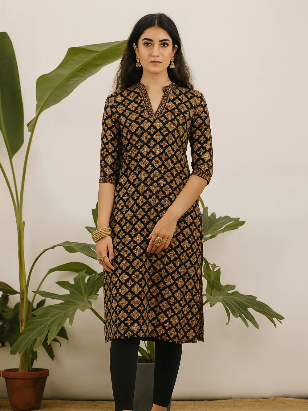 Black & Mustard Printed Straight Kurthi with Ornamental Yoke Detailing