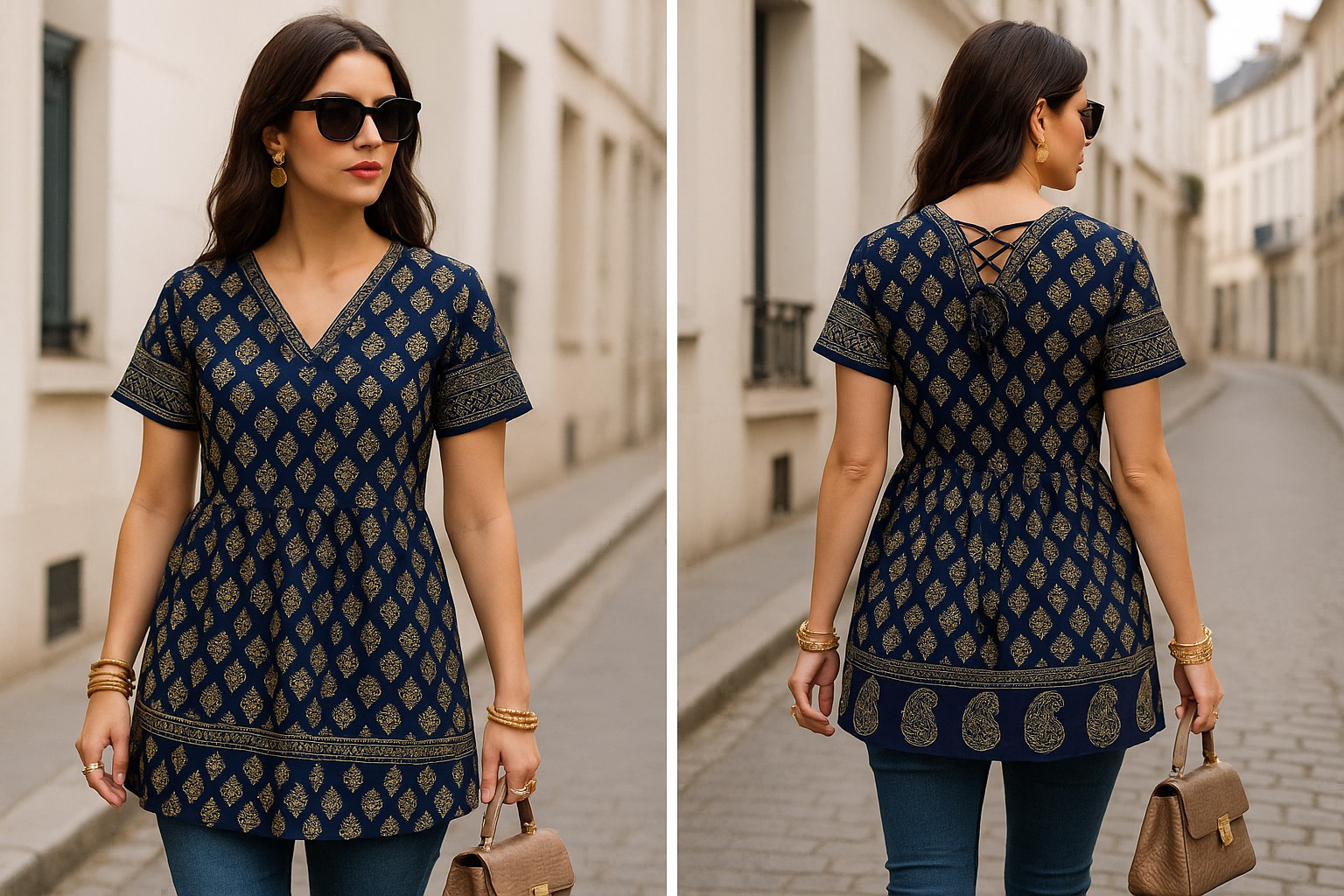 Navy Blue Ajrakh-Inspired Lace-Up Peplum Kurti Top	