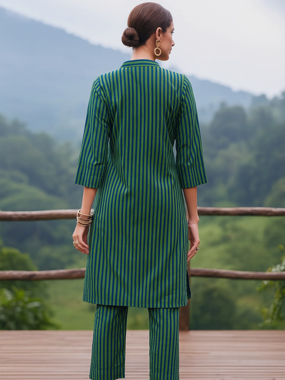 Green & Blue Striped Handloom Cotton Kurta Set