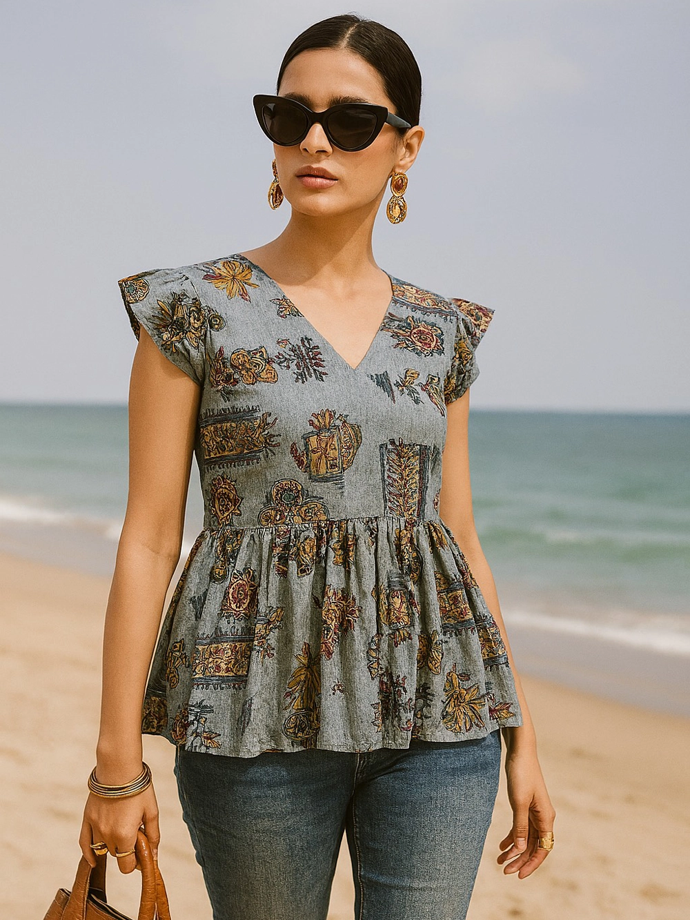 Grey Printed Peplum Cotton Kurti Top