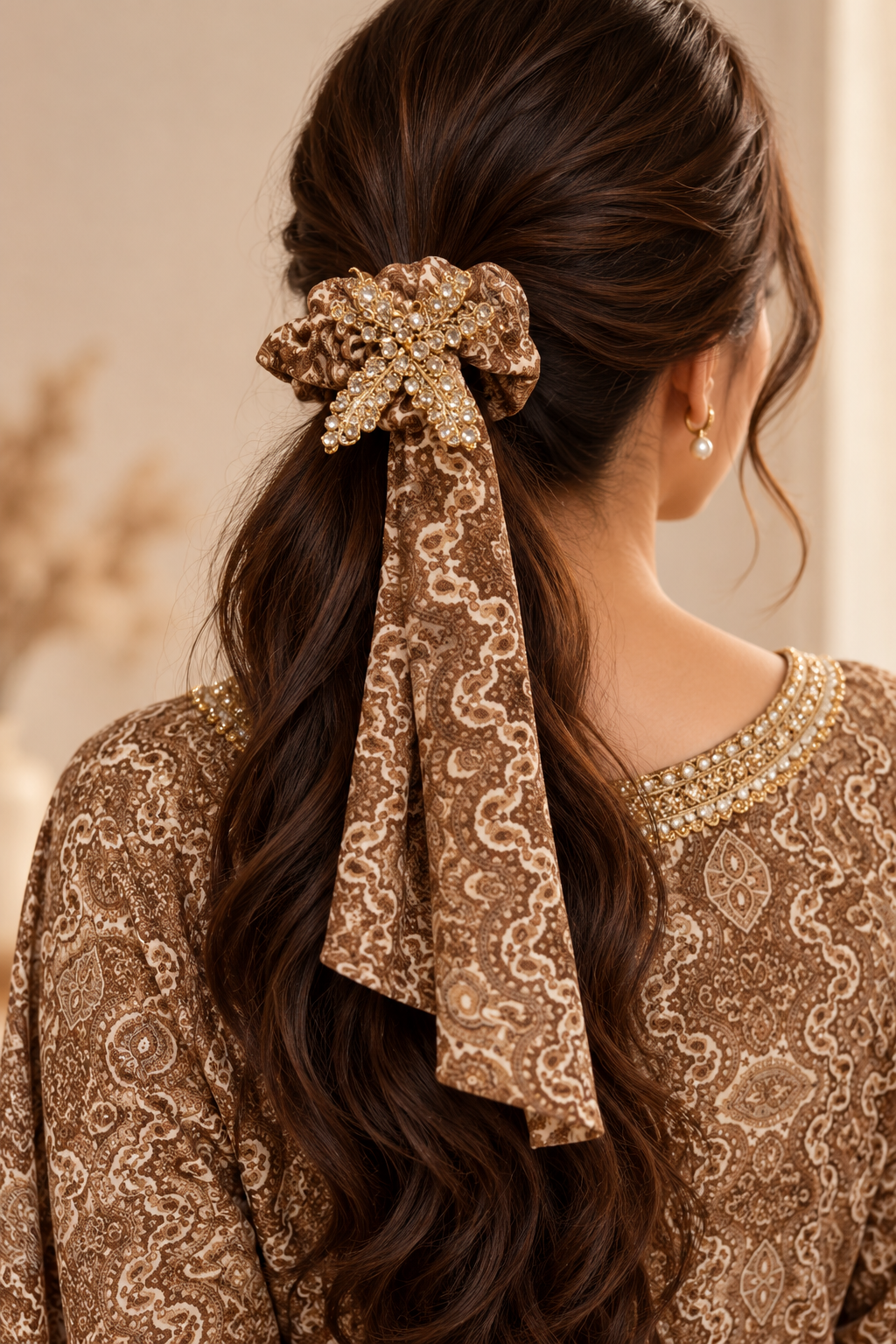 Elegant Brown Paisley Embellished Maxi with Matching Hijab