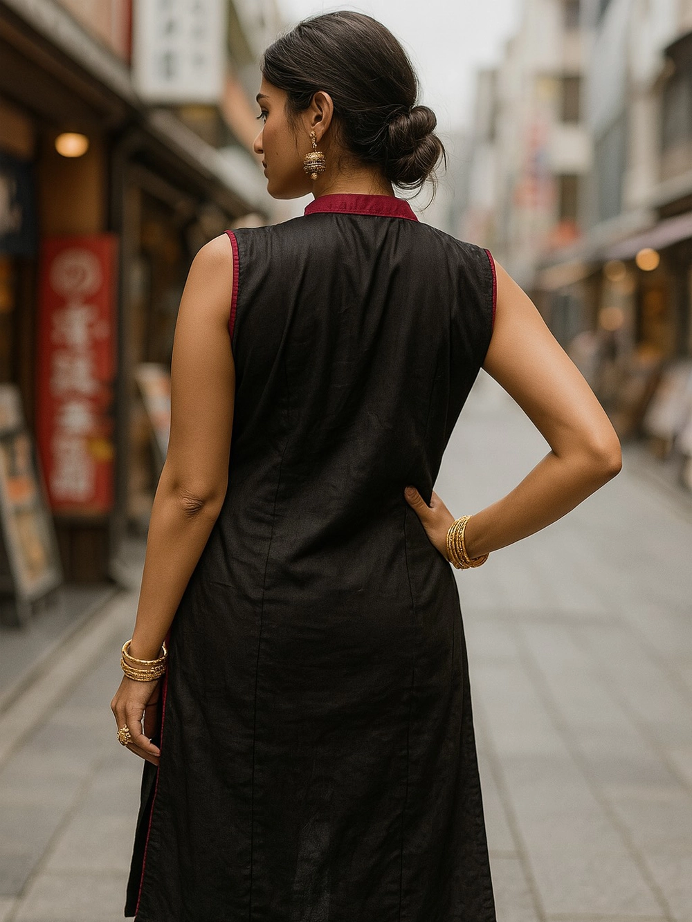 Black Sleeveless Cotton Kurti with Embroidered Front Panel