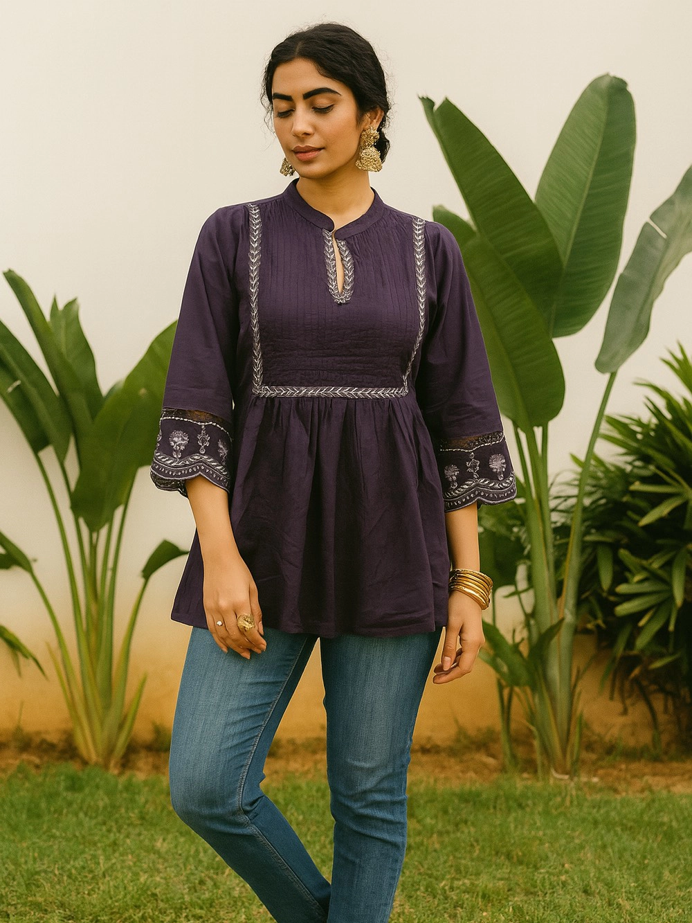 Deep Purple Embroidered Short Kurthi with Flared Hem