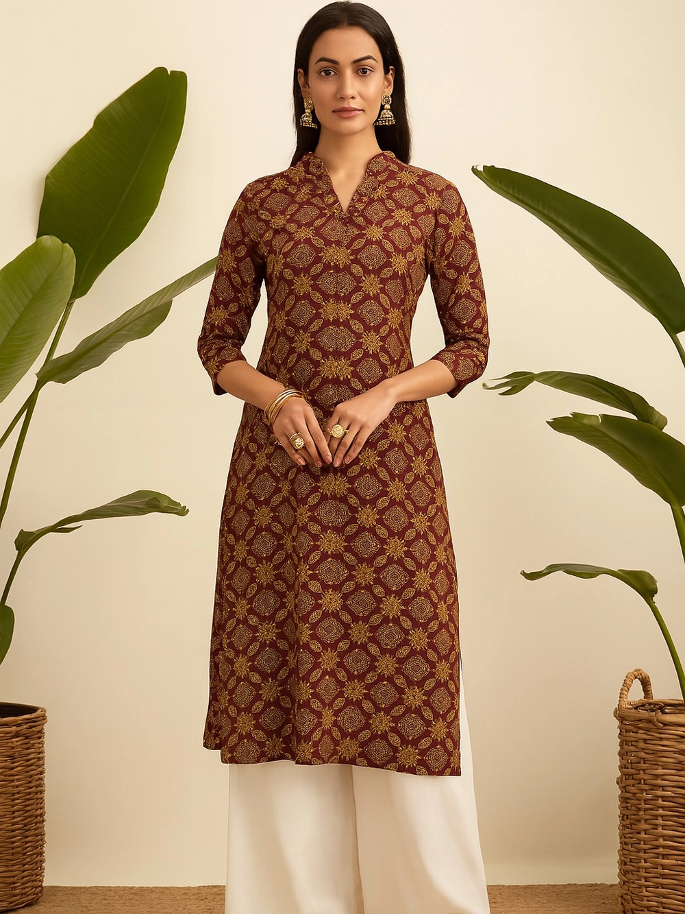 Maroon Straight Kurthi with Golden Ethnic Block Print
