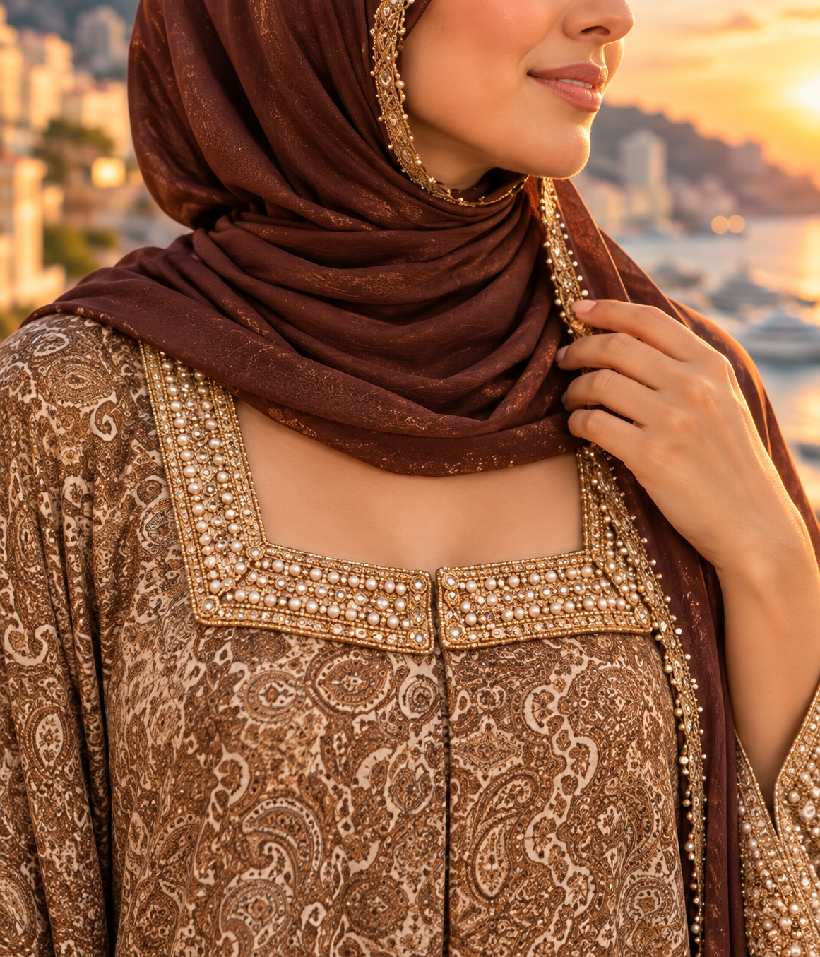 Elegant Brown Paisley Embellished Maxi with Matching Hijab