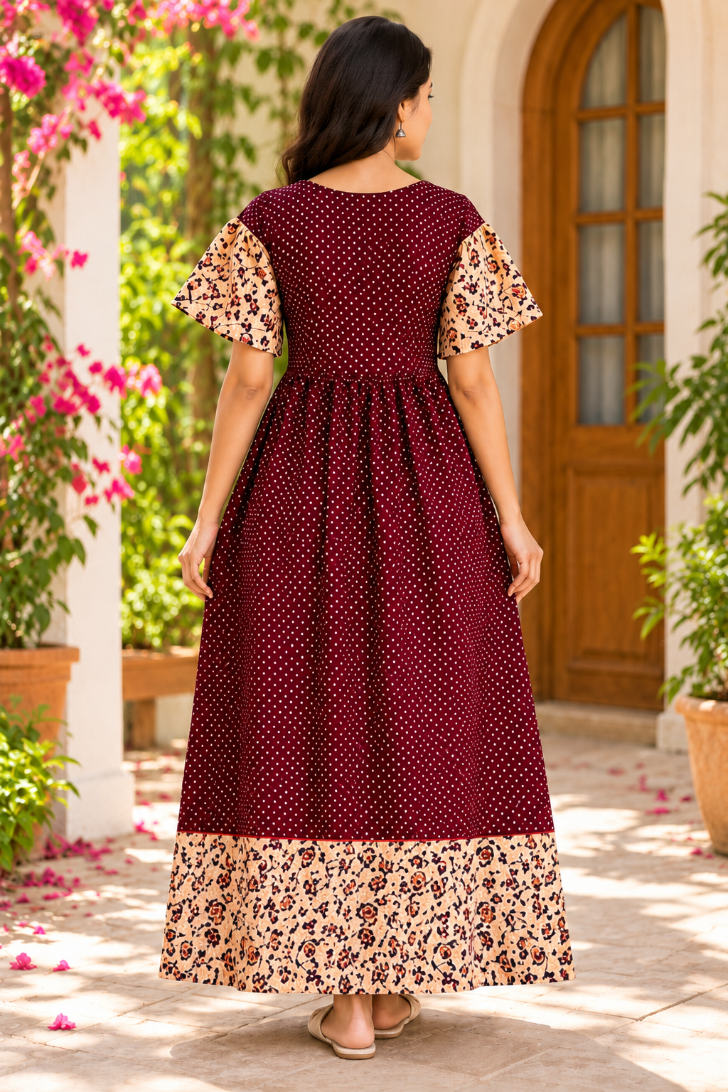 Maroon Polka Dot Maxi Dress with Floral Contrast