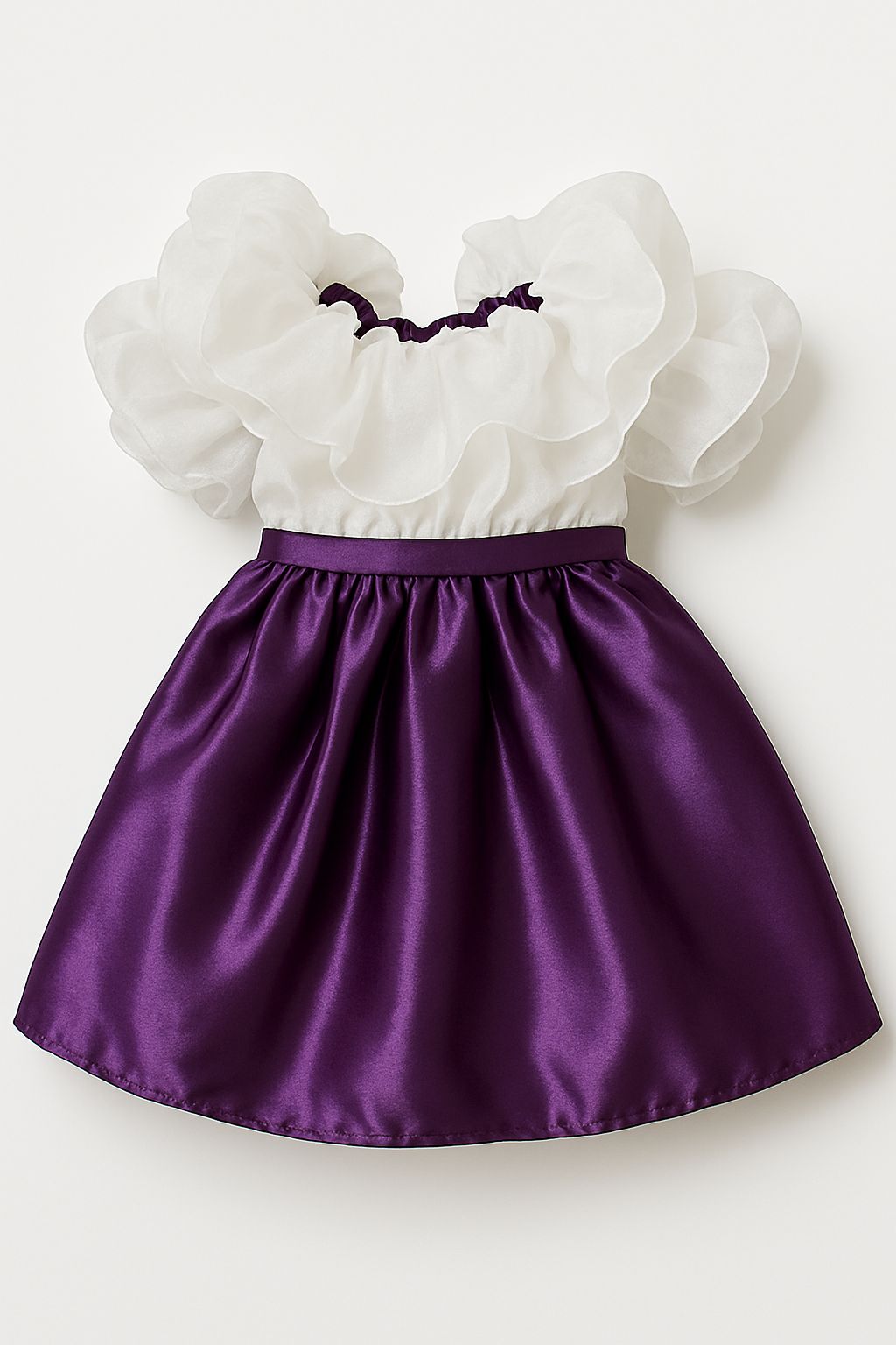 Girl in purple satin dress with white ruffle top