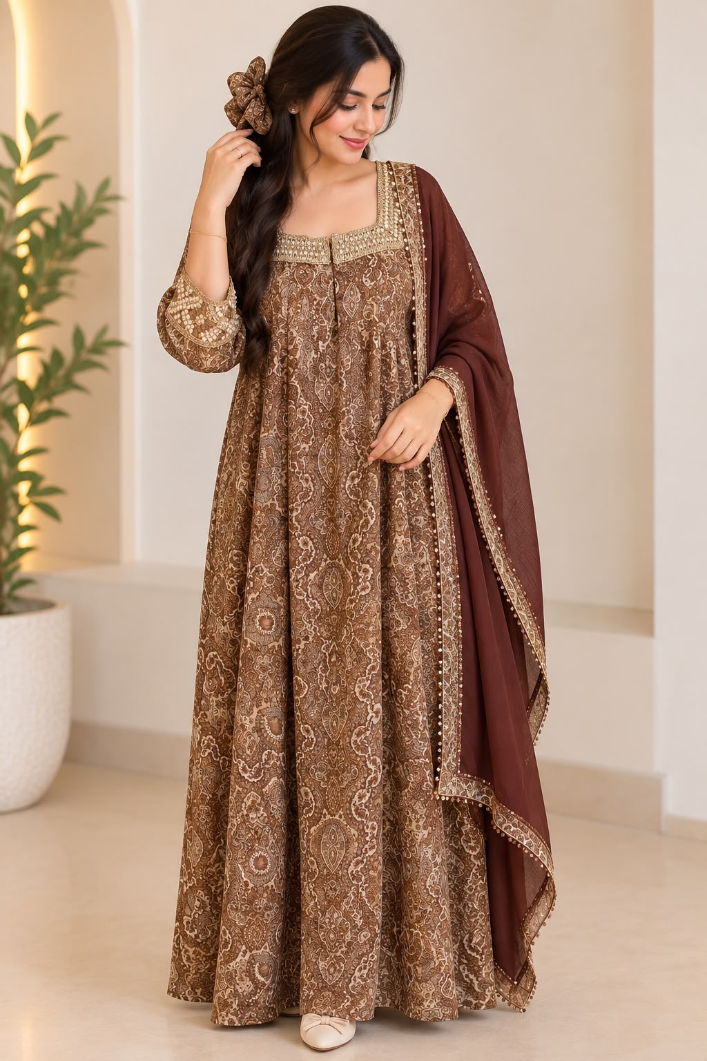 Elegant Brown Paisley Embellished Maxi with Matching Hijab