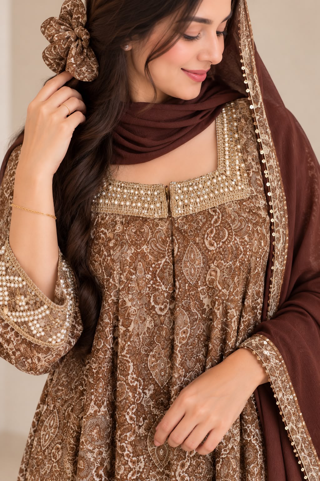 Elegant Brown Paisley Embellished Maxi with Matching Hijab