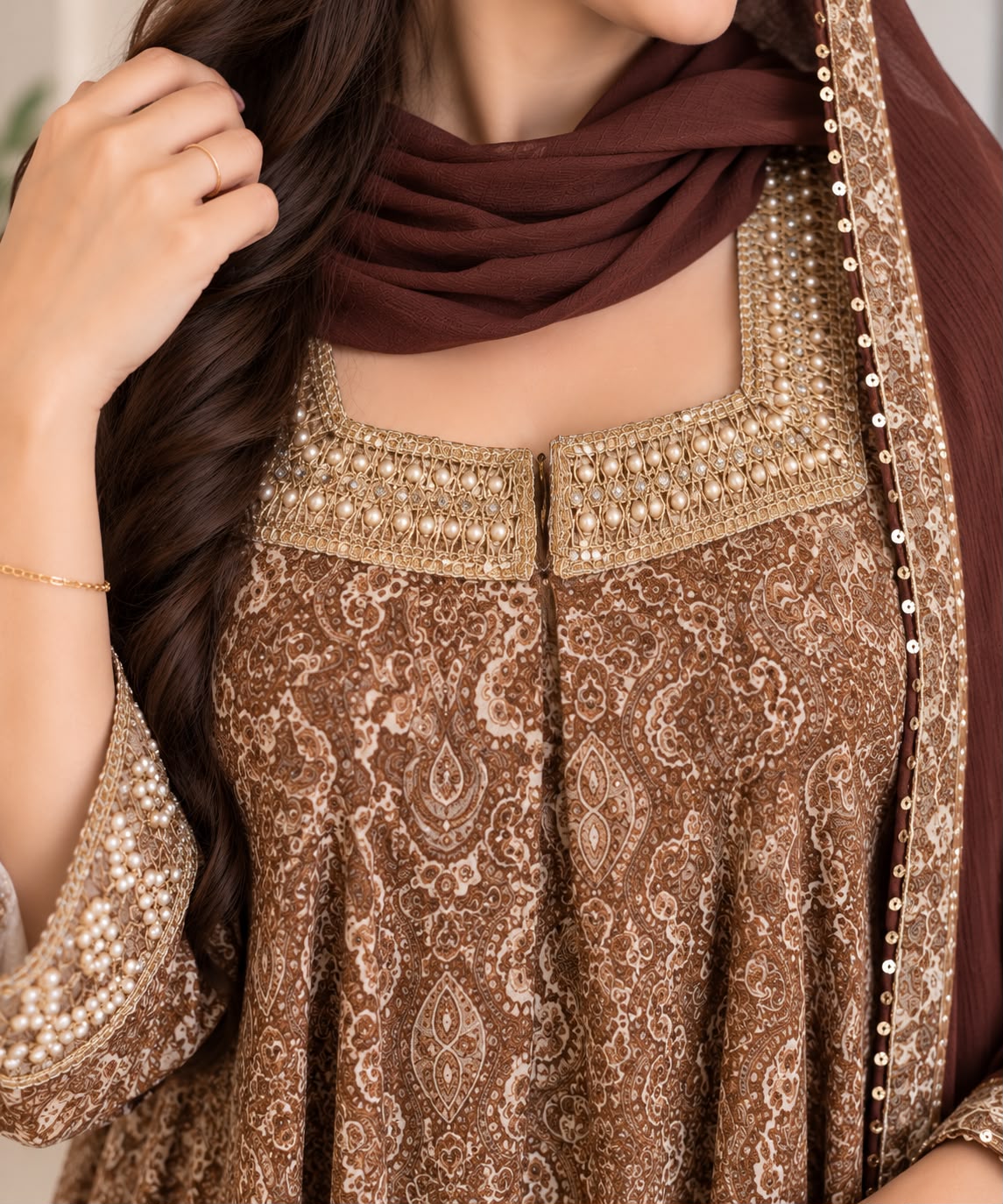 Elegant Brown Paisley Embellished Maxi with Matching Hijab